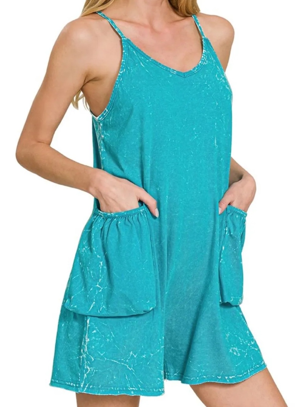 🆕 Zenana Acid/Crinkle-Washed Spaghetti Strap Pocketed Romper